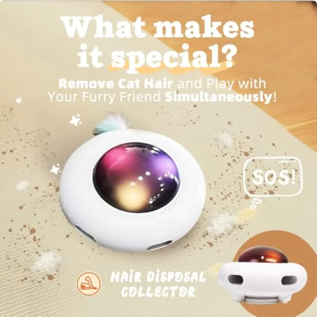 Interactive Automatic Feather Cat Toy with Hair Remover and LED Lights - USB Rechargeable